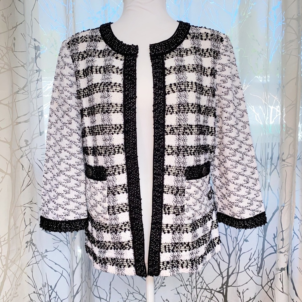 ST. JOHN black white checker print tweed long sleeves open front cardigan jacket